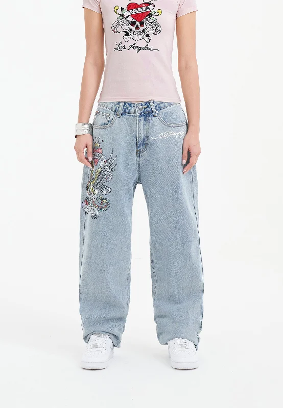 Womens Nyc Diamante Relaxed Denim Trousers Jeans - Bleach