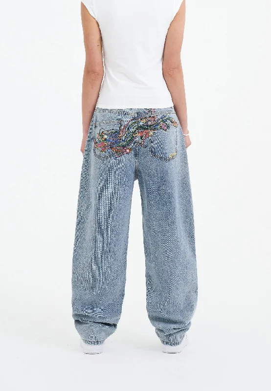 Womens Crystal Crawler Diamante Relaxed Denim Trousers Jeans - Bleach