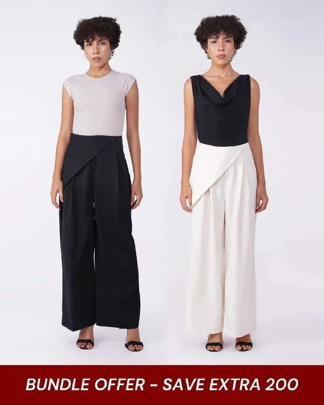 [SET OF 2] FRONT WRAP WIDE LEG PANTS - BLACK & WHITE