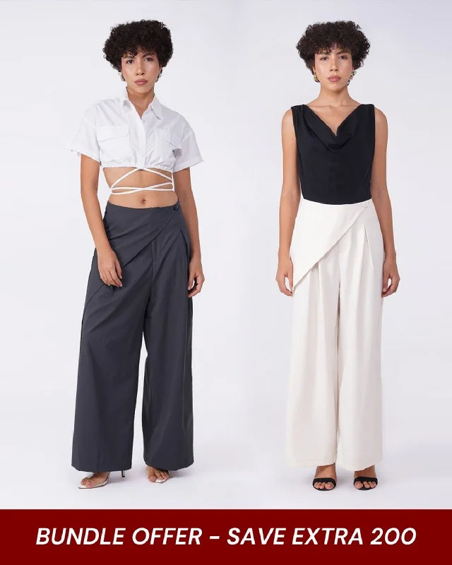 [SET OF 2] WIDE LEG PANTS WITH WRAP AROUND - GREY AND WHITE