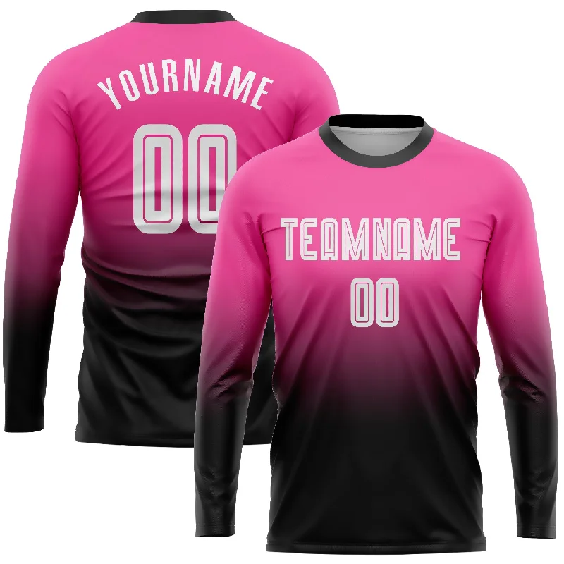 Custom Pink White-Black Sublimation Long Sleeve Fade Fashion Soccer Uniform Jersey