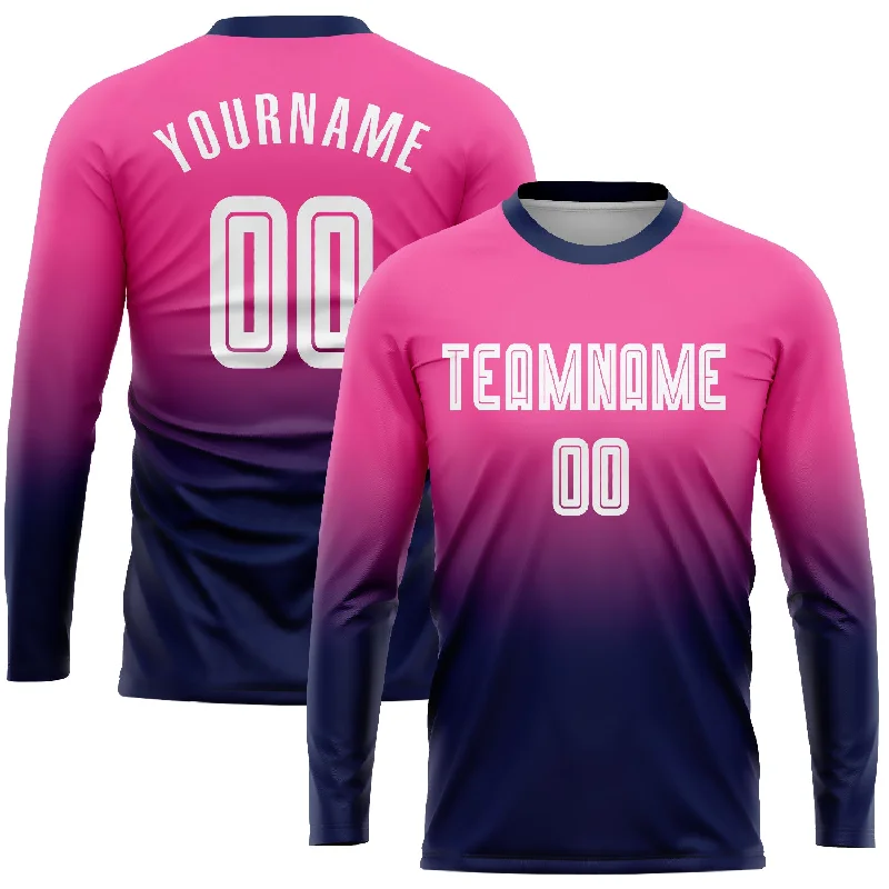 Custom Pink White-Navy Sublimation Long Sleeve Fade Fashion Soccer Uniform Jersey