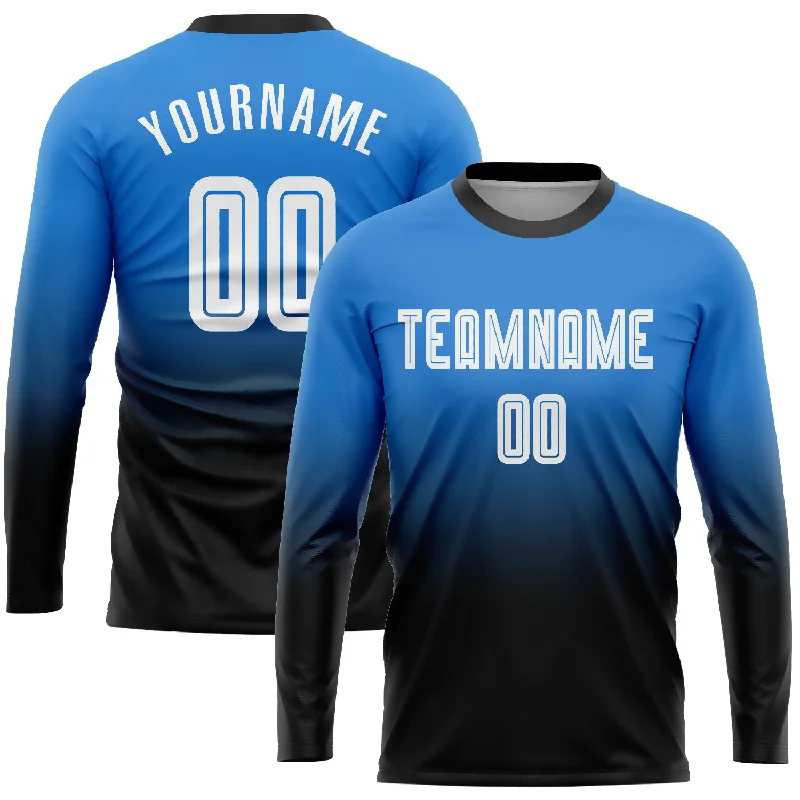 Custom Powder Blue White-Black Sublimation Long Sleeve Fade Fashion Soccer Uniform Jersey