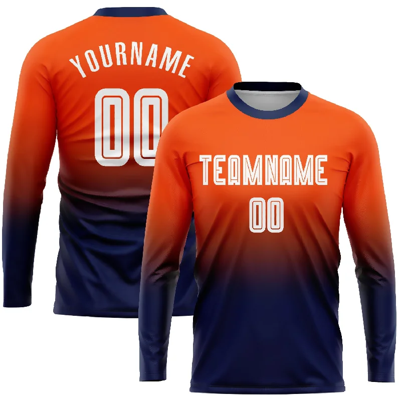 Custom Orange White-Navy Sublimation Long Sleeve Fade Fashion Soccer Uniform Jersey