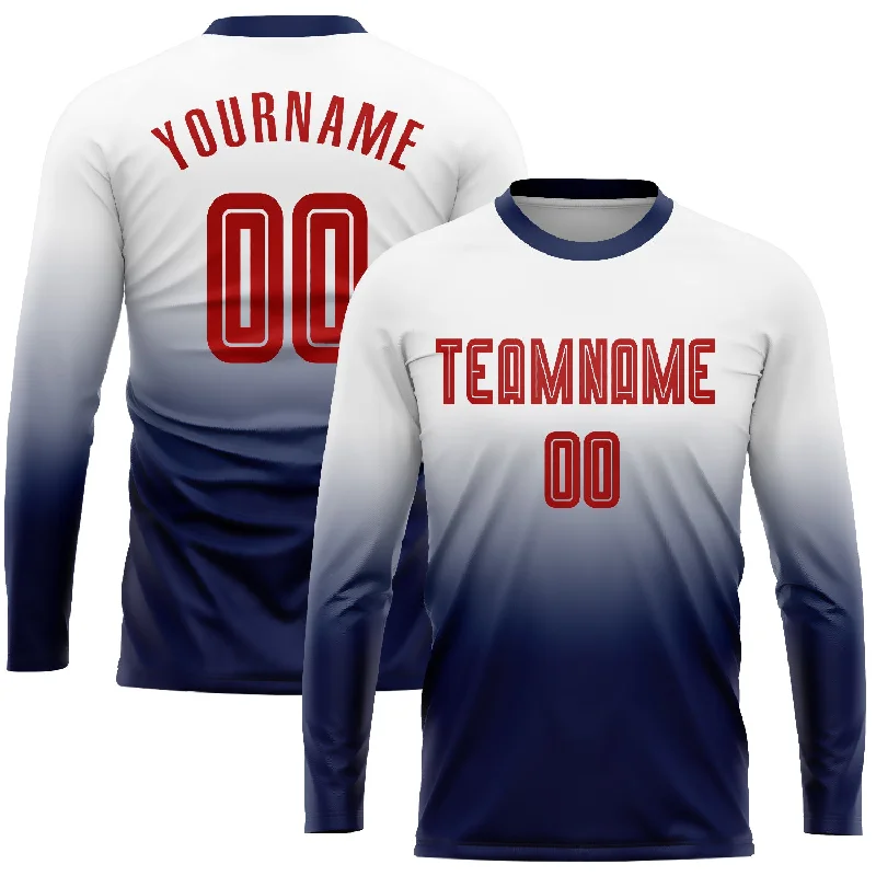 Custom White Red-Navy Sublimation Long Sleeve Fade Fashion Soccer Uniform Jersey