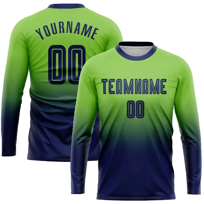 Custom Neon Green Navy Sublimation Long Sleeve Fade Fashion Soccer Uniform Jersey