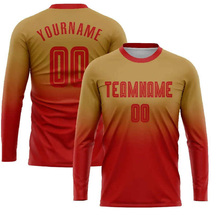 Custom Old Gold Red Sublimation Long Sleeve Fade Fashion Soccer Uniform Jersey