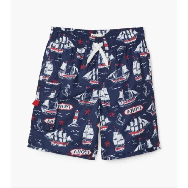 Hatley Nautical Ships Swim Trunks Kids-Boys Navy and Red S20NSK1521